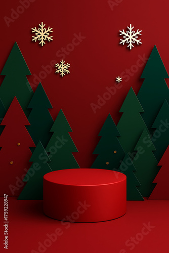 Red Christmas Podium with Evergreen Trees