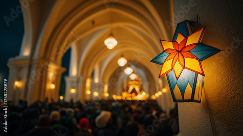 Beautiful parol lantern glowing outside church filled with people attending early Simbang Gabi mass