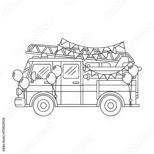 Party Truck: A festive truck, adorned with balloons, garlands, and a surfboard, embodies a whimsical celebration. This scene is simple yet delightful.