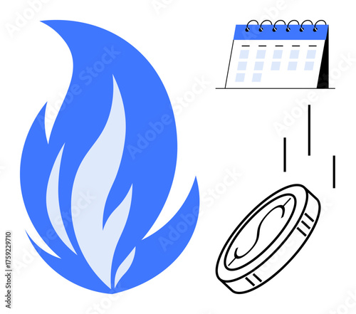 Blue flame symbolizing risk and energy, a calendar illustrating time or planning, and a falling coin representing investment or financial growth. Ideal for finance, planning, risk management