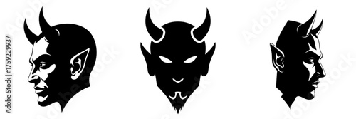 Detailed SEO-Friendly Title: Devil Head Silhouette Set in Three Different Views. Demon Mascot with Horns and Pointed Ears. Black and White Monochrome Vector Icon Collection for Gaming, Horror, and Eso