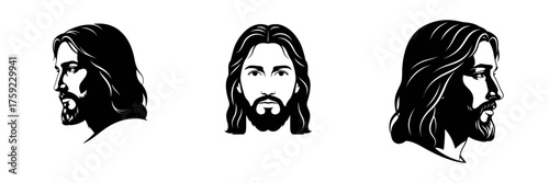 Jesus Christ Head and Face Silhouettes Set. Three Views of Christian Messiah with Long Hair and Beard. Black and White Monochrome Vector Icon Collection for Religious Logos and Emblems.
