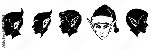 Elf Heads Silhouette Set in Five Different Styles. Male and Female Profiles with Pointed Ears, Including a Santa's Helper Christmas Hat View. Black and White Monochrome Vector Icon Collection.