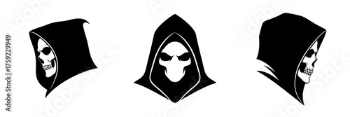 Grim Reaper Skull and Hooded Cloak Silhouettes Set. Three Views of Death Mask Mascot. Black and White Monochrome Vector Icon Collection for Horror, Halloween, Gaming, and Tattoo Design.