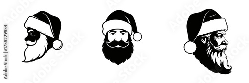 Santa Claus Head Silhouettes Set. Three Different Views of Santa's Face with Hat and Beard. Black and White Monochrome Vector Icon Collection for Christmas Logos, Mascots, and Emblems.