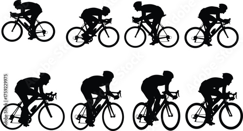 Cycling icon set, silhouette road bikers in aerodynamic poses, black and white illustration, motion and posture grid for sports and fitness