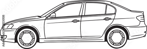 Black and white line drawing illustration of a modern sedan car side profile Keywords: car, automobile, sedan, vehicle, transport, transportation, travel, driving, road, on transparent background