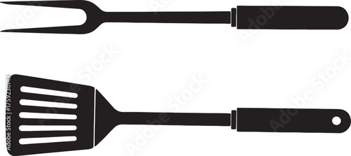 Black Silhouette of Barbecue Fork and Spatula Tools on White Background grill cooking on transparent background