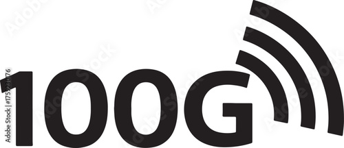 Black 100 G logo with radiating signal waves on a white background 100G symbol on transparent background