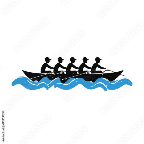 Team of rowers in a boat moving through water with waves isolated on white background