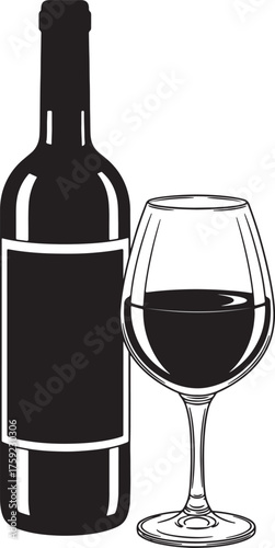 Black Silhouette of Wine Bottle and Glass with Red Wine on White Background beverage on transparent background