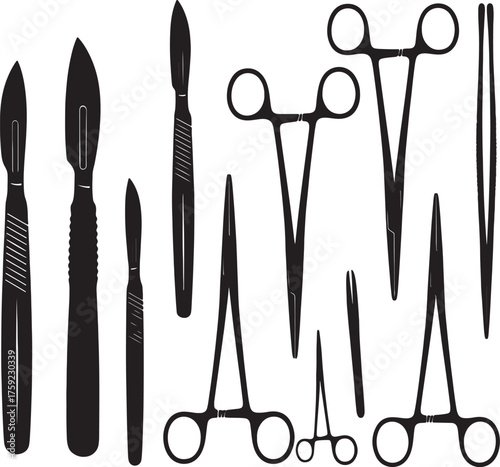 Assortment of surgical instruments including scalpels, forceps, and scissors in silhouette Keywords: surgical instruments, medical, surgery, healthcare, scalpel, forceps, on transparent background