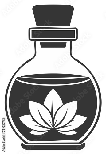 Glass bottle with cork stopper and herbal infusion containing a stylized lotus flower