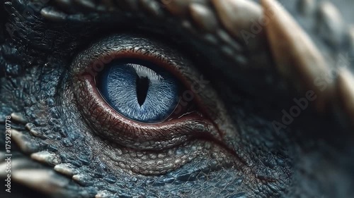 Close up of a dragon eye with intricate details and a bright blue iris