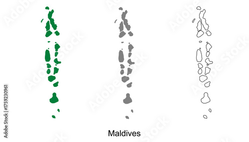 Maldives map set. Maldives map vector. Maldives map on green, gray, and outline