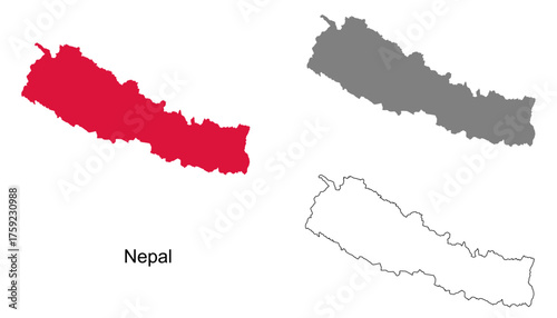 Nepal map set. Nepal map vector. Nepal map on red, gray, and outline