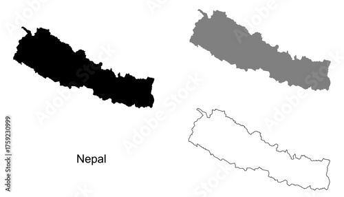 Nepal map set. Nepal map vector. Nepal map on silhouette, gray, and outline