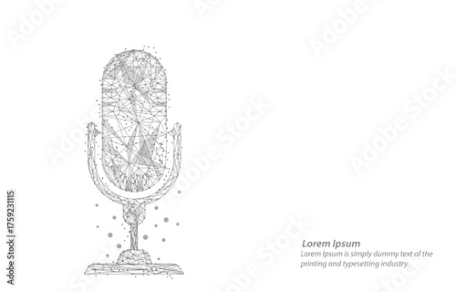 Low-poly wireframe digital microphone on a white background, technology, podcasting, voice recording, or AI communication. Futuristic low-poly podcast microphone design concept.vector