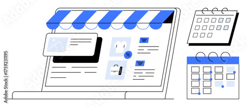 Digital storefront on laptop screen with shopping icons, sale tag, and calendar showcasing shopping schedules. Ideal for e-commerce, marketing, retail planning, organization, event scheduling
