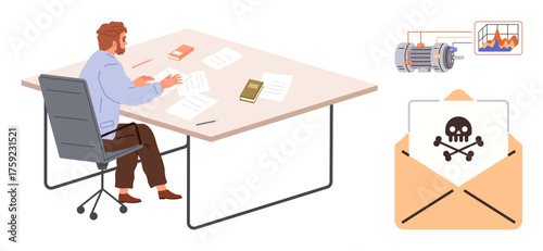 Man sorting documents at desk beside analytics tools, receiving warning envelope with skull icon. Ideal for workplace caution, cyber warning, data threats, communication risk, business safety