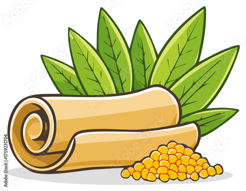 Rolled handmade pasta accompanied by leaves and uncooked corn kernels a cartoon illustration
