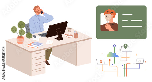 Man speaking on phone while seated at desk with computer, ID verification graphic, and cloud technology diagram. Ideal for business, remote work, identity, communication, technology, networking data