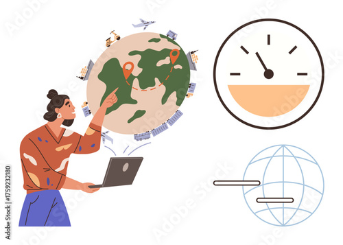 Woman using laptop, pointing at globe with location markers, surrounded by transport icons, speedometer, and globe grid. Ideal for analytics, global business, logistics, navigation technology