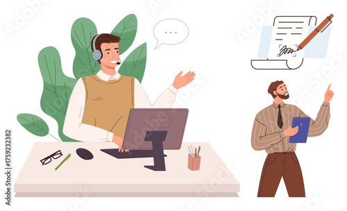 Professional in headset discussing at desk with computer, another team member reviewing document. Ideal for remote work, communication, teamwork, collaboration, education, training, project
