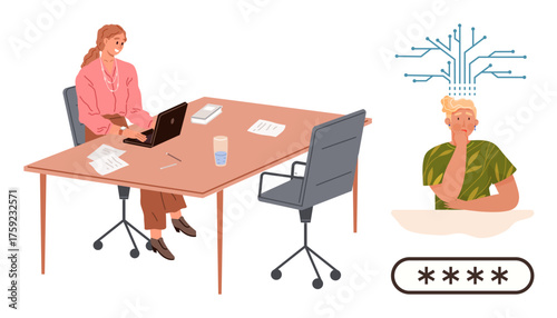 Woman seated at desk with laptop and documents, person thinking with AI network and password entry visualization. Ideal for cybersecurity, artificial intelligence, work-life, privacy, tech reliance