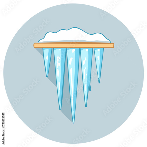 Bright blue sharp icicles dripping from a snowy wooden ledge illustration depicting cold winter weather