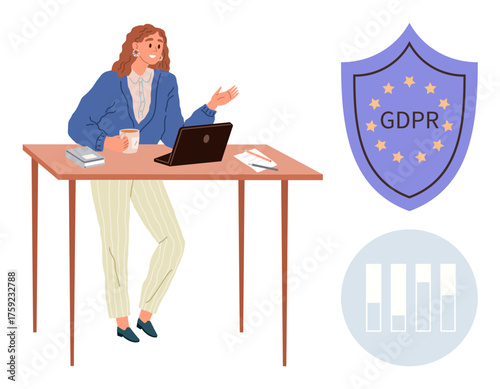 Businesswoman holding a coffee mug, engaging during discussion at her desk with a laptop. GDPR shield and analytics graphs nearby. Ideal for data privacy, compliance, office culture, GDPR training