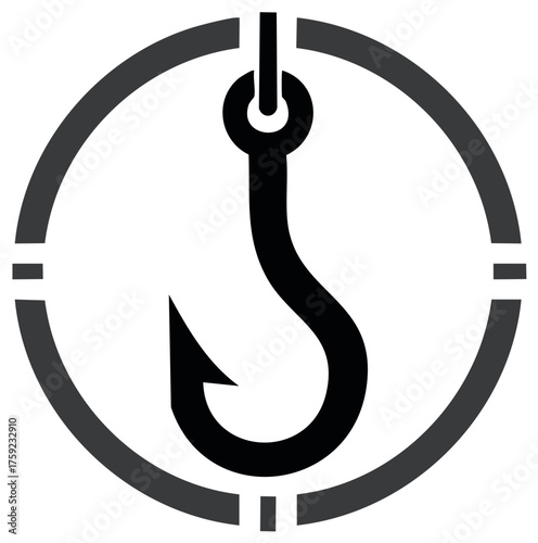 Stylized fishing hook icon centered in a target symbol, representing capture and aim