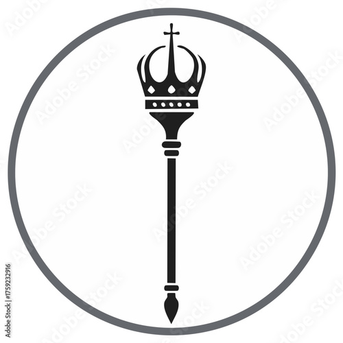 Royal scepter with a crown top and cross inside a circle, a simple vector icon of monarchal power