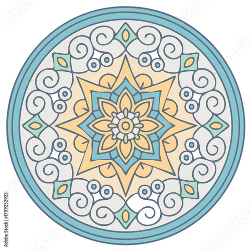 Elegant Geometric Mandala Design with Intricate Floral Star and Pastel Blue Yellow Tones