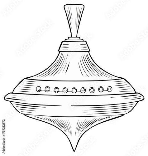 Classic vintage spinning top toy illustrated in a black and white line art coloring book style
