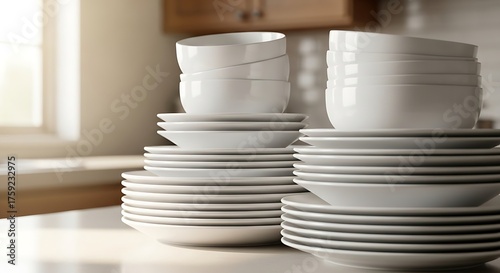 Stacked White Ceramic Bowls and Plates in Bright Kitchen Setting