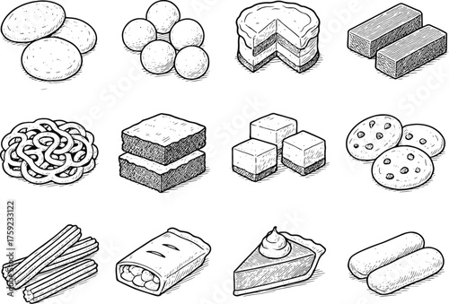 Collection of Desserts, Pastries, and Sweets Line Art Icons