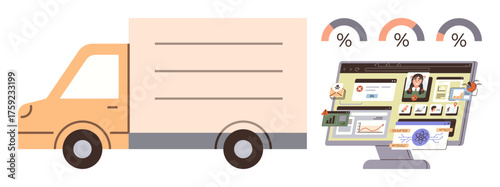 Delivery truck and digital dashboard with analytics, documents, and charts. Ideal for logistics, delivery, business analysis, transportation, supply chain automation and e-commerce. Simple flat