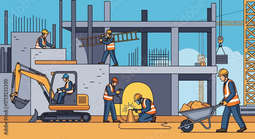 Busy construction site with diverse workers and machinery symbolizing development and teamwork