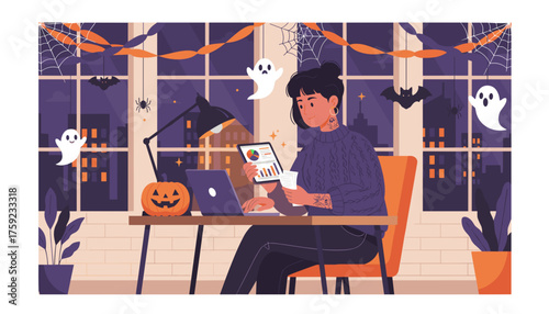 Woman working remotely on Halloween analyzing data with laptop and tablet