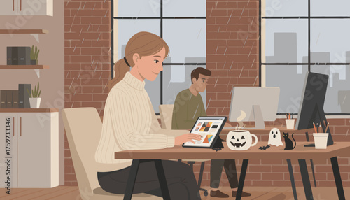 Cozy office work with Halloween decor on a rainy day Woman creating content on tablet