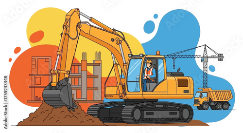 Construction site with excavator worker crane and dump truck Heavy industry development