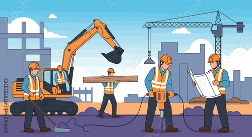 Construction team at work on an urban building site Hard hats machinery blueprints Industry
