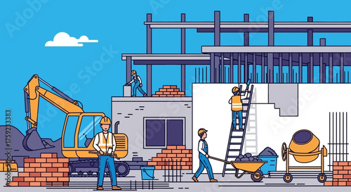 Construction workers busy on site building new structures with machinery and tools Industry concept