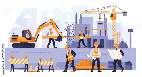 Construction workers building new urban development with heavy machinery teamwork and blueprints