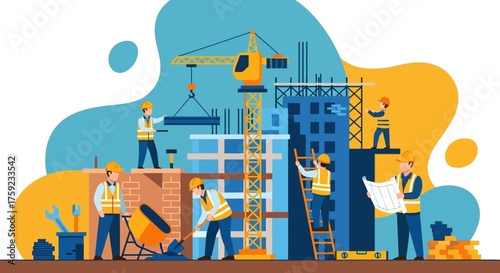 Construction workers building a city skyscraper teamwork and development concept for industry