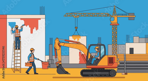 Construction workers busy on a building site illustrating teamwork and urban development