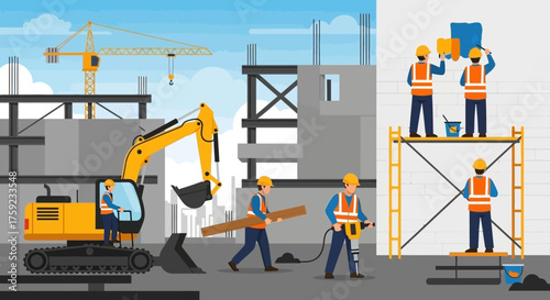 Construction workers actively building a modern structure with heavy machinery Industry and development