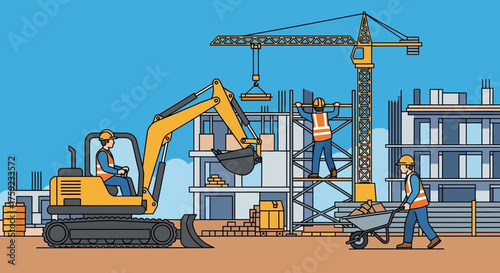 Construction site with workers operating excavator crane and wheelbarrow building modern structures