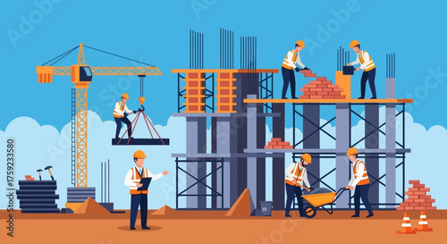 Busy construction site with workers building showing teamwork progress and urban development